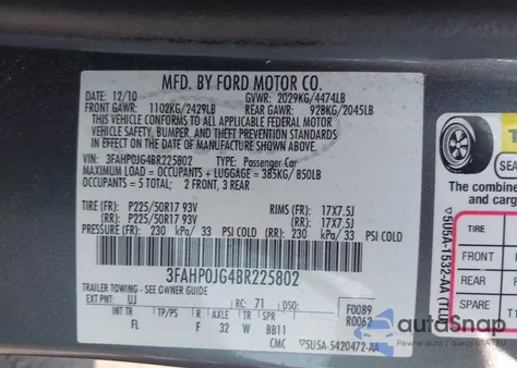 2011 Ford Fusion Sel from USA, damaged, VIN 3FAHP0JG4BR225802